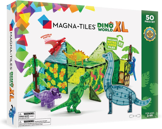 Magnetic tile dinosaur world with tall towers and dinosaur scenes