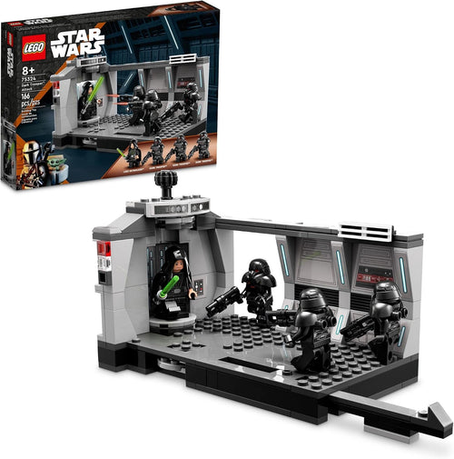 Brick starship corridor with a hero minifigure facing three black robot troopers