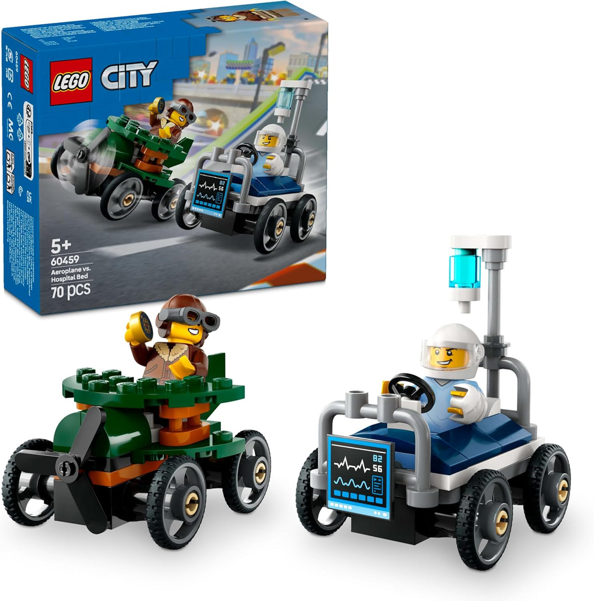 Brick-built yellow bulldozer with raised blade, driver and two workers – view 3