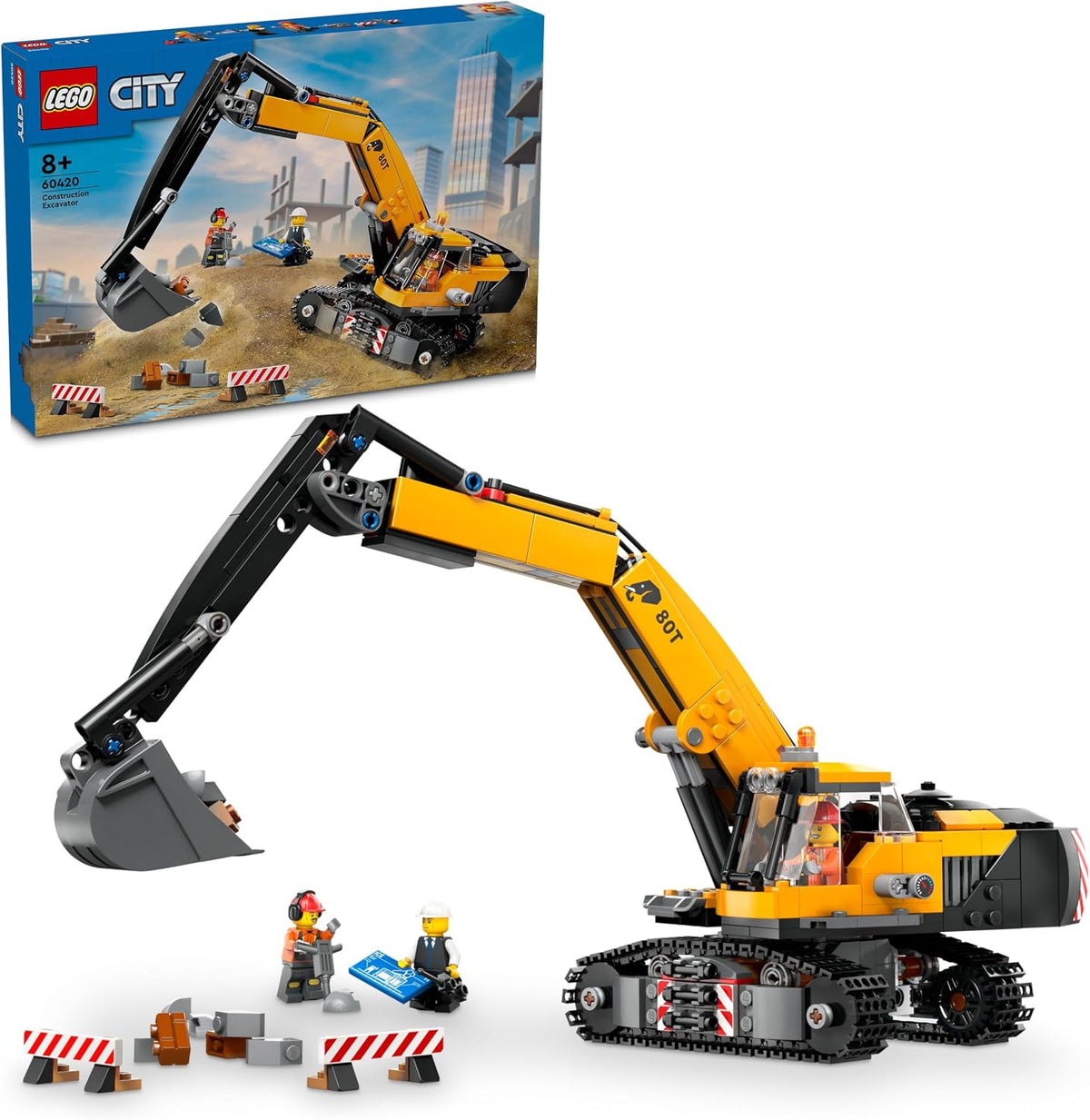 Brick-built yellow crawler excavator with construction worker figures
