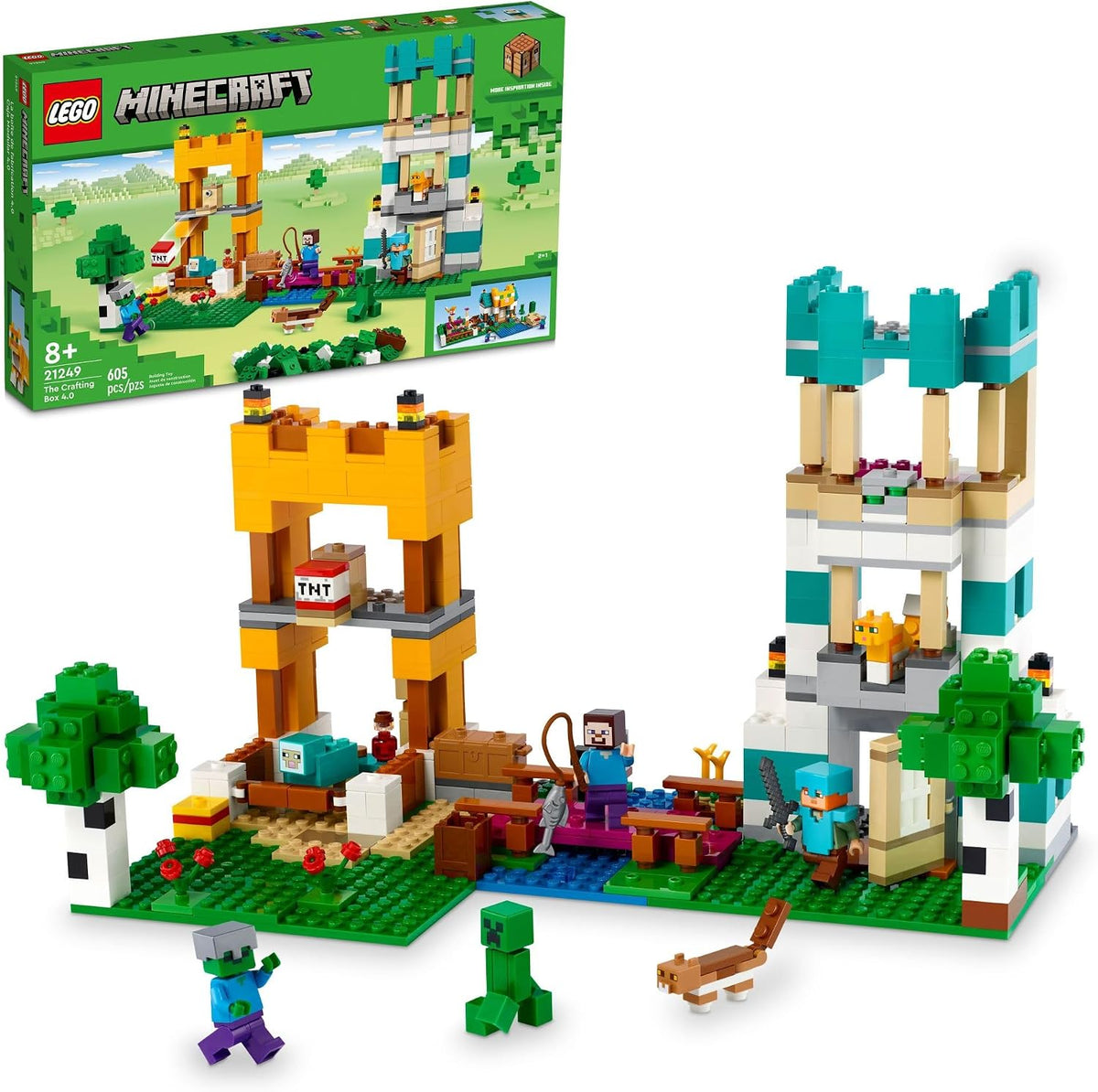 Blocky pixel-style brick fortress and village with cat, sheep and zombie figures