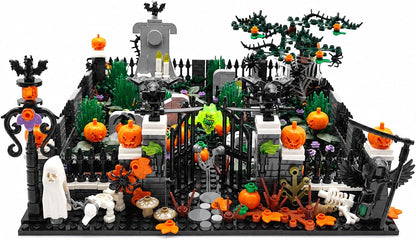 Brick-built Halloween graveyard with gates, tombstones, ghosts and pumpkins