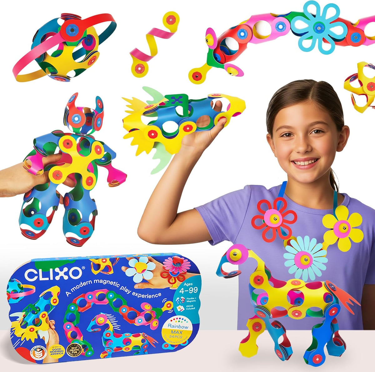 Rainbow flexible magnetic building pieces clicked together into a colorful 3D shape – view 2