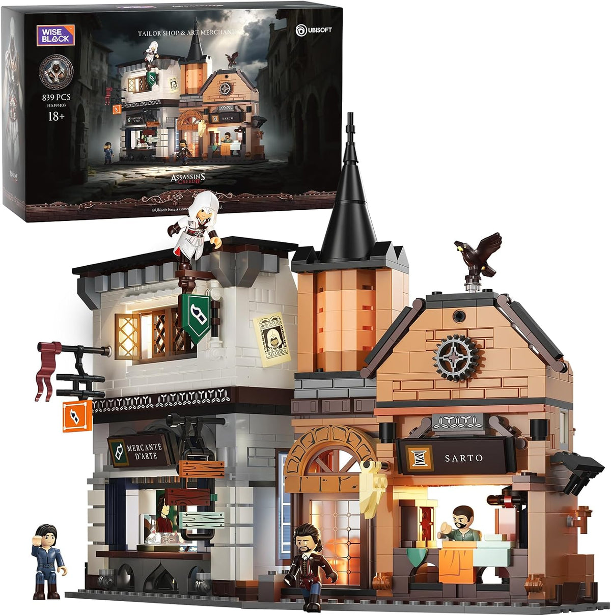 Brick-built Renaissance tailor shop with arched windows, shop sign and small figures