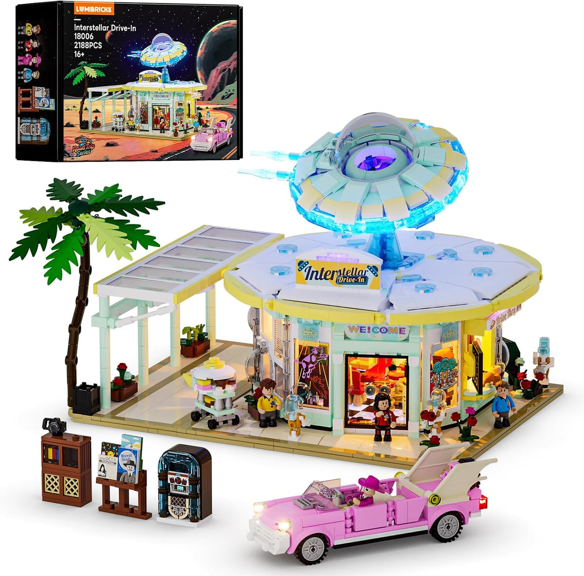 Lit retro drive-in diner brick model with flying saucer sign, space car and figures
