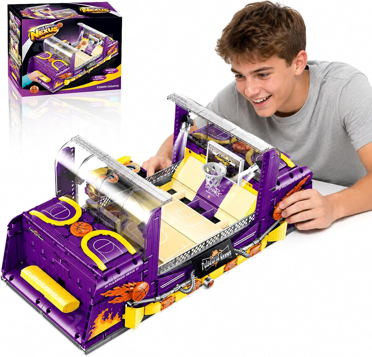 Brick-built tabletop pinball machine with flippers, ramps and arcade backboard – view 2