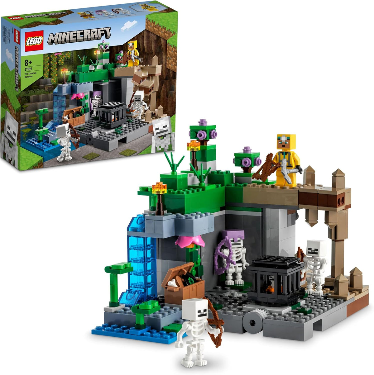 Blocky cave and dungeon brick set with skeleton figures and an explorer