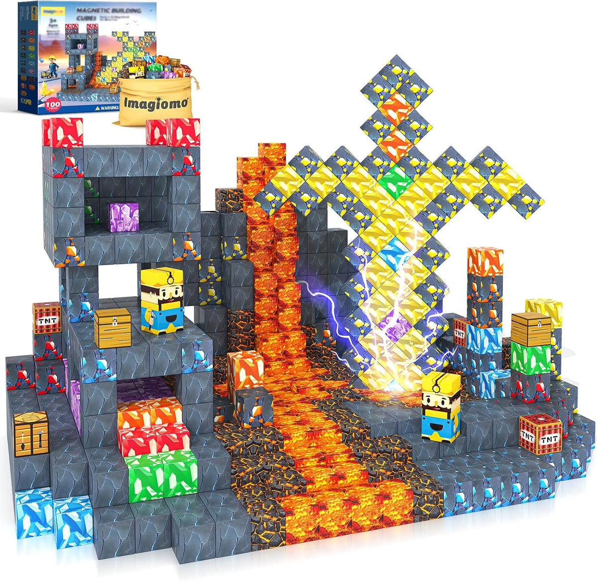 Colorful magnetic building cubes stacked into a tower beside a storage box – view 2