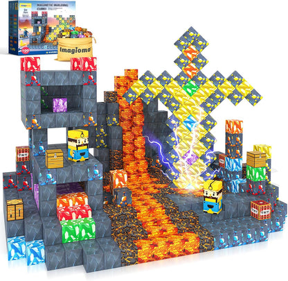 Colorful magnetic building cubes stacked into a tower beside a storage box – view 2