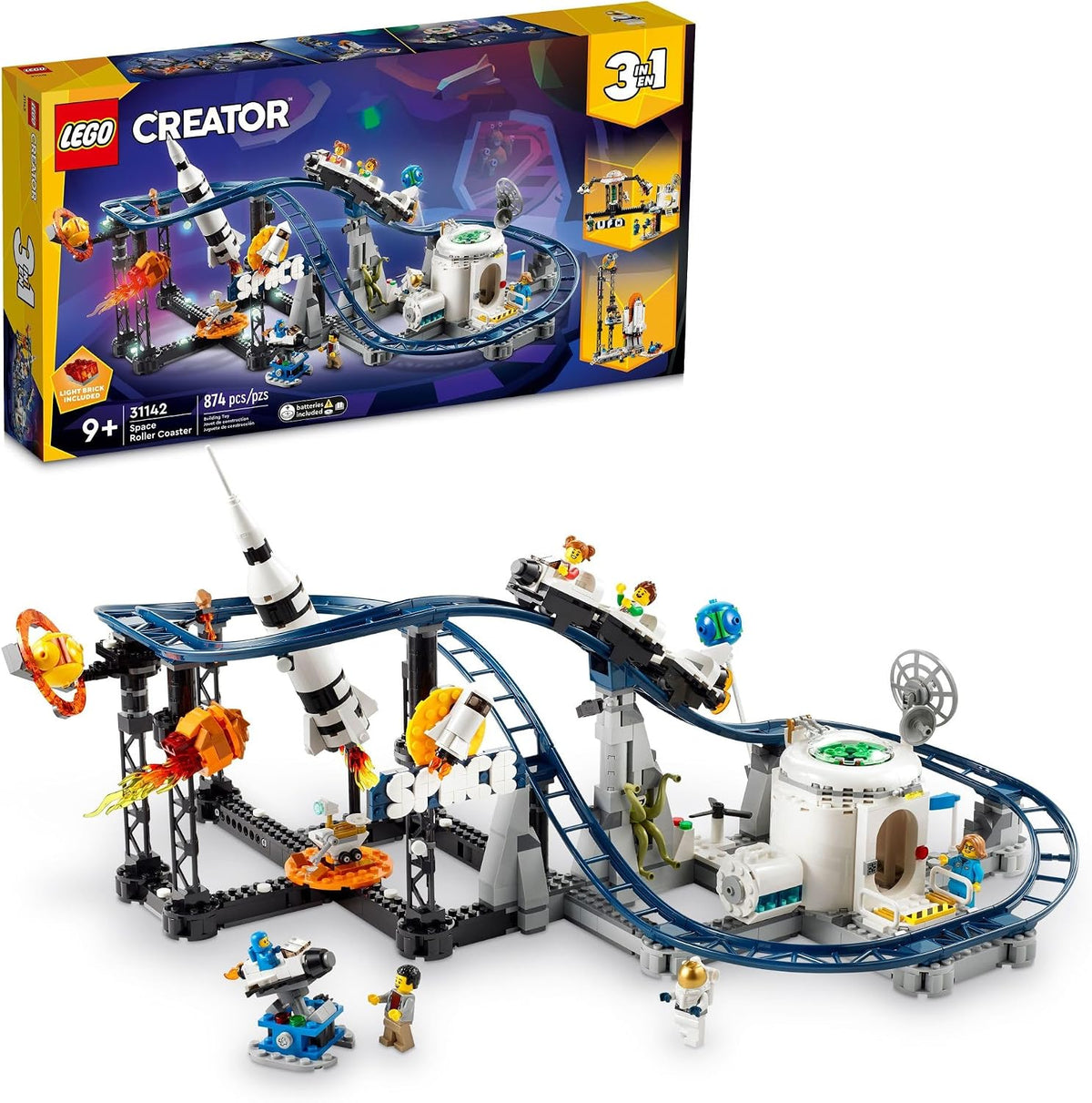 Brick-built space-themed roller coaster with carts and astronaut figures – view 2