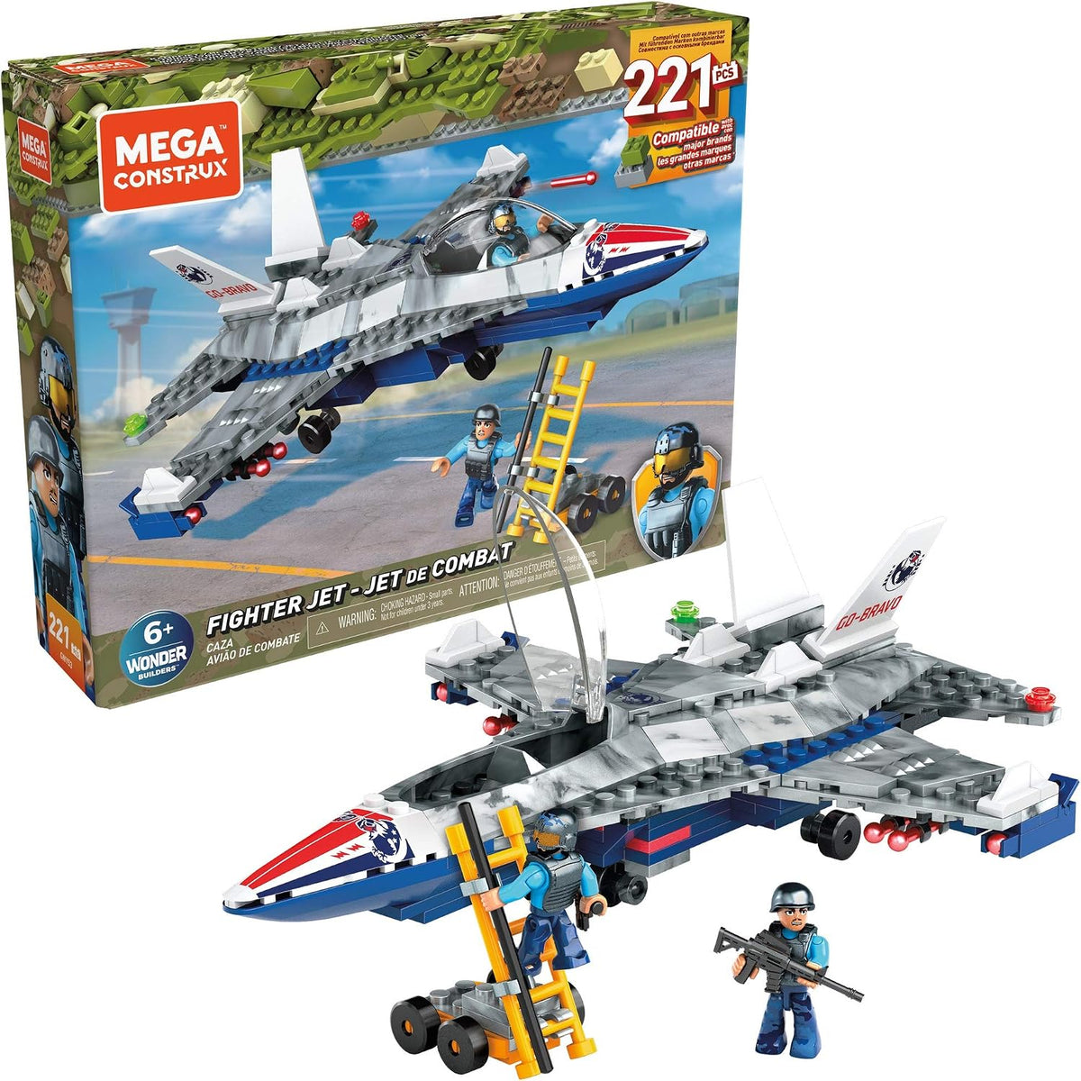 Brick-built gray military fighter jet with open cockpit, ladder and two crew figures