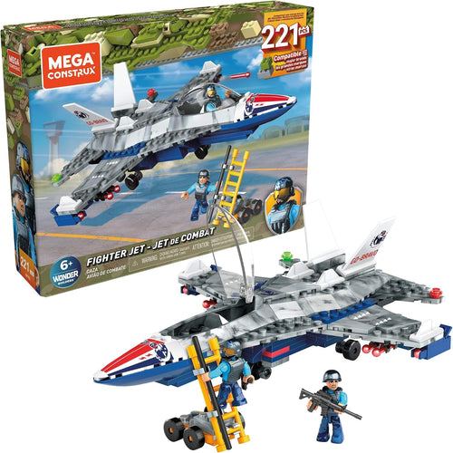 Brick-built gray military fighter jet with open cockpit, ladder and two crew figures