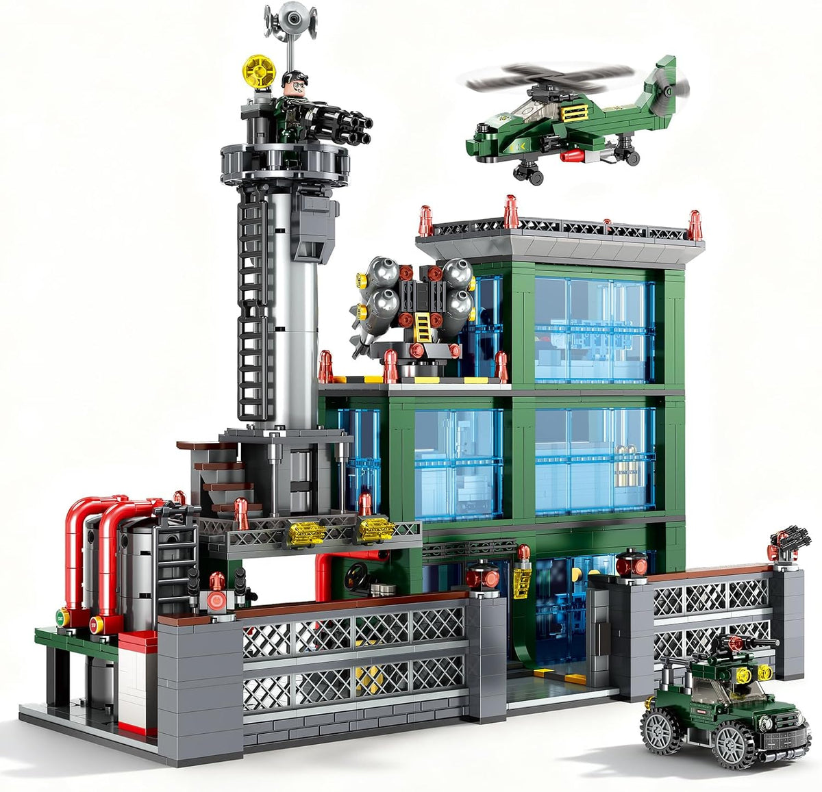 Brick-built army base model assembled for display