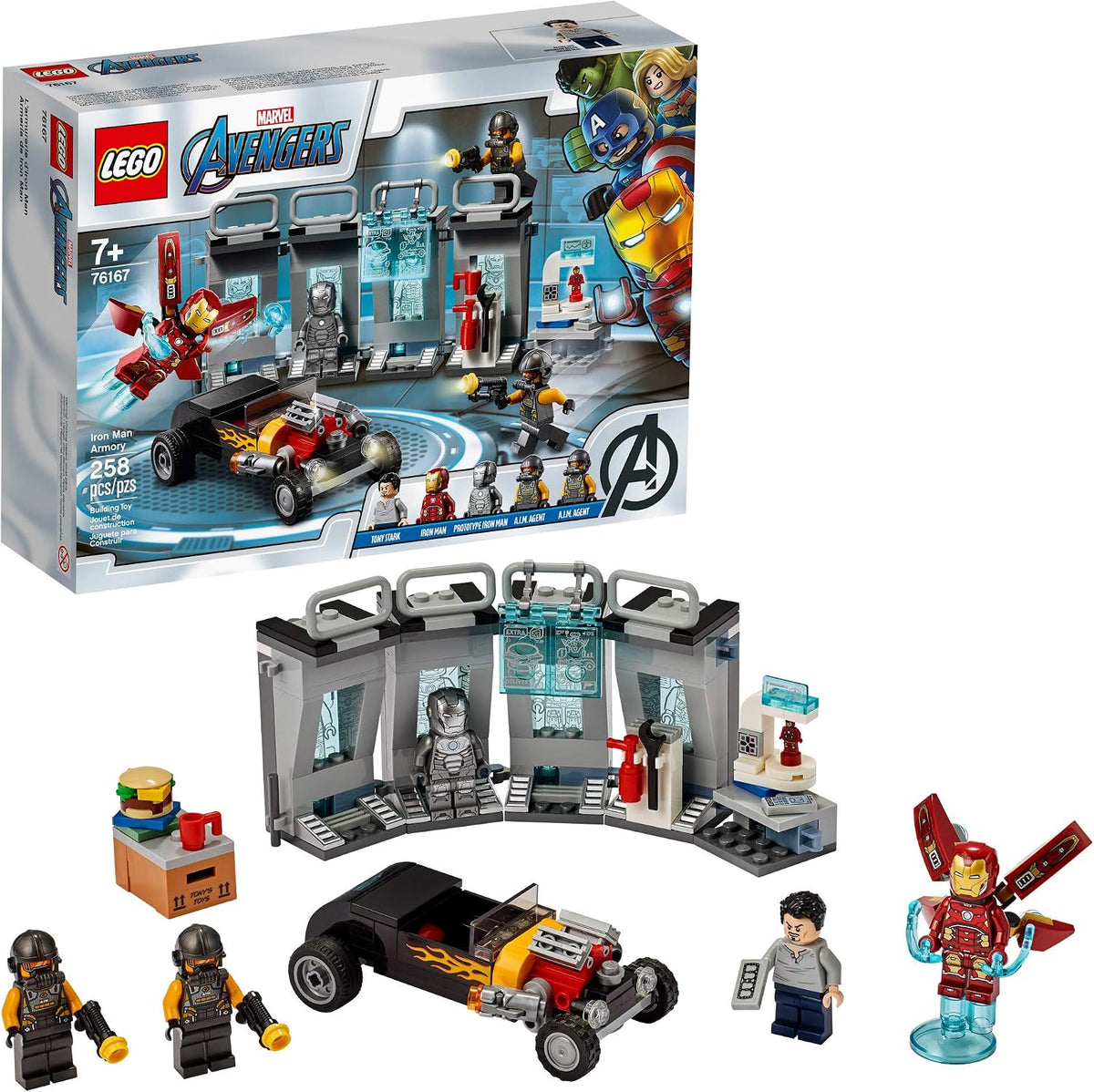 Brick armor workshop with red and gold suit and hot rod car