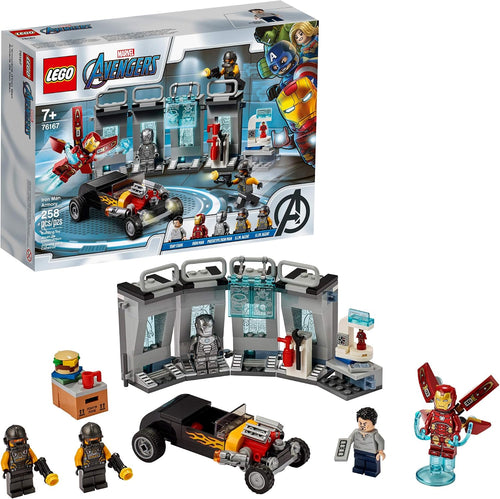 Brick armor workshop with red and gold suit and hot rod car