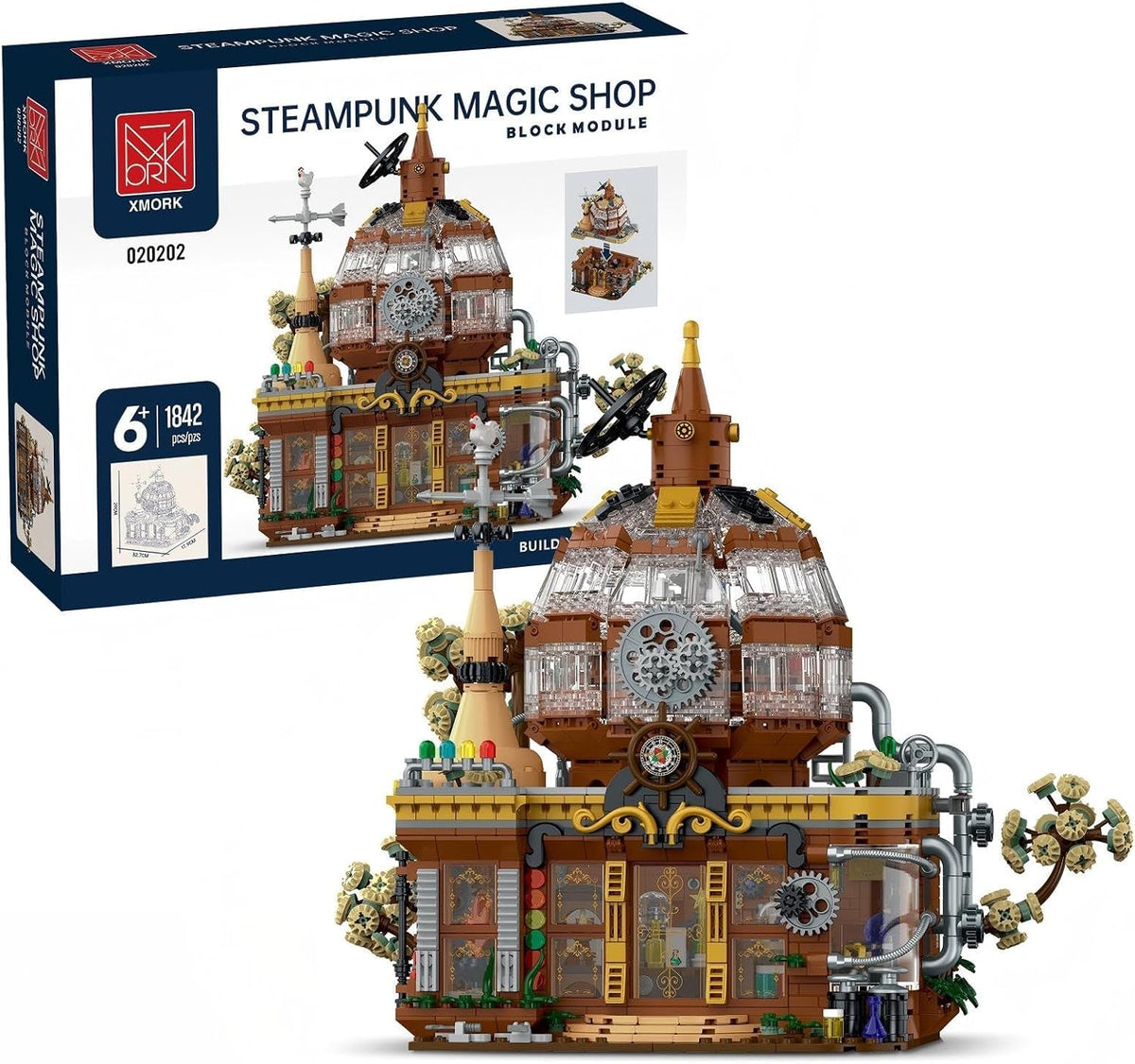 Lit steampunk magic shop brick building with gear pipes, glass door and small tree