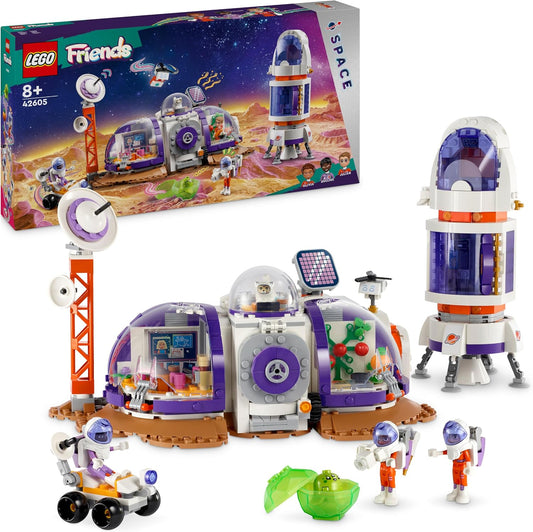 White brick Mars research base with rocket, rover and astronaut figures
