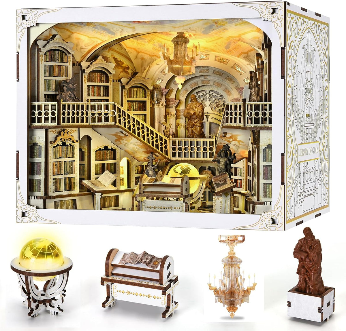 Lit fantasy castle book nook diorama standing between books on a shelf – view 5