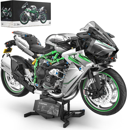 Large brick-built sport motorcycle model standing on a display stand