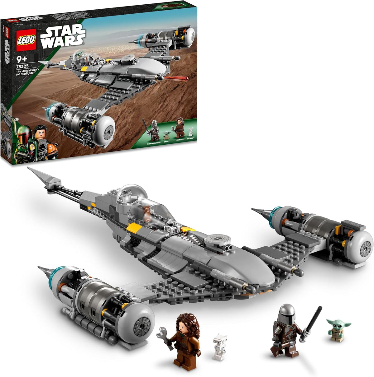 Built starfighter with armored hunter, mechanic, creature and droid figures