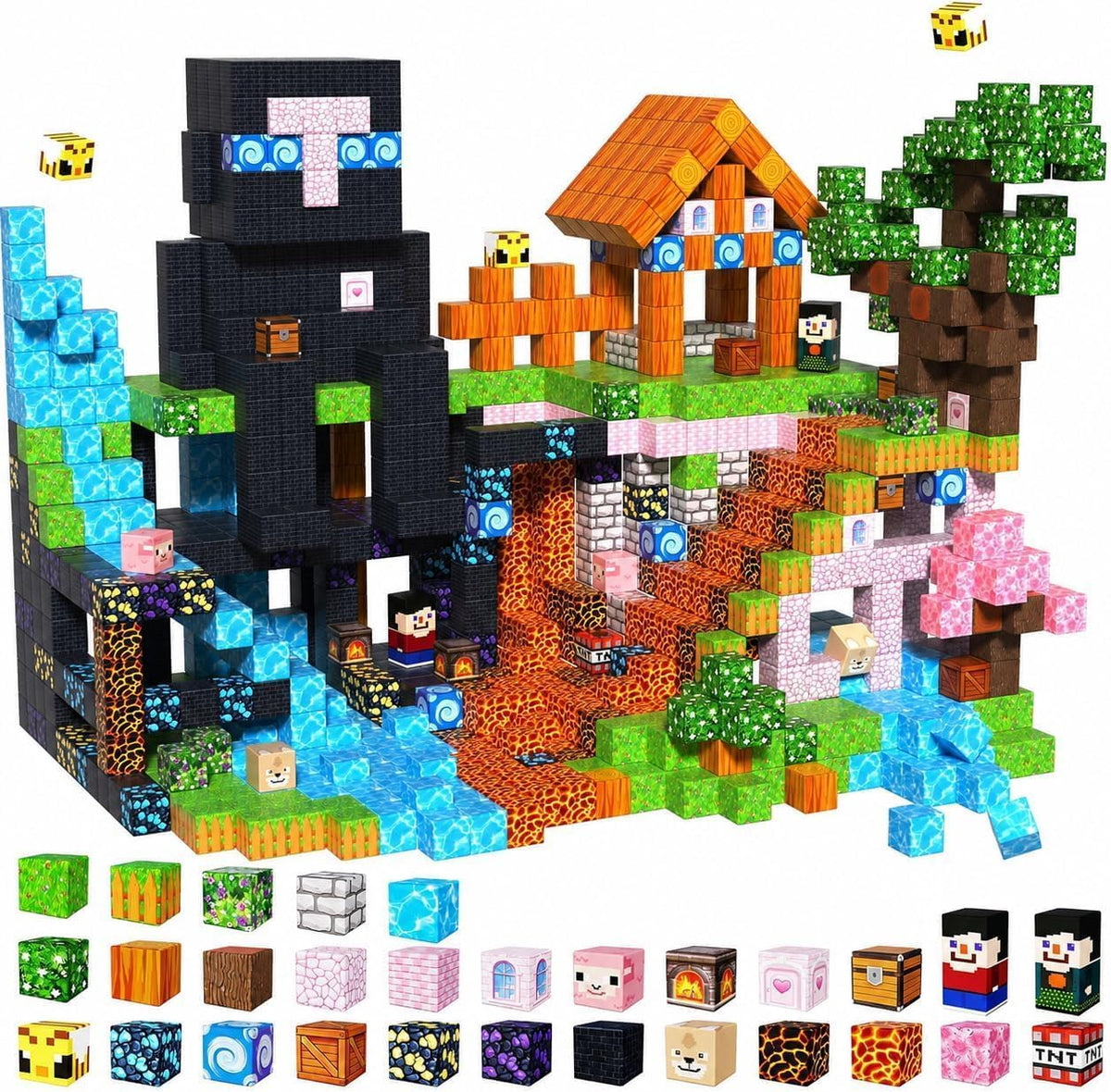 Magnetic cube forest castle with dinosaurs and a glowing orange volcano – view 5