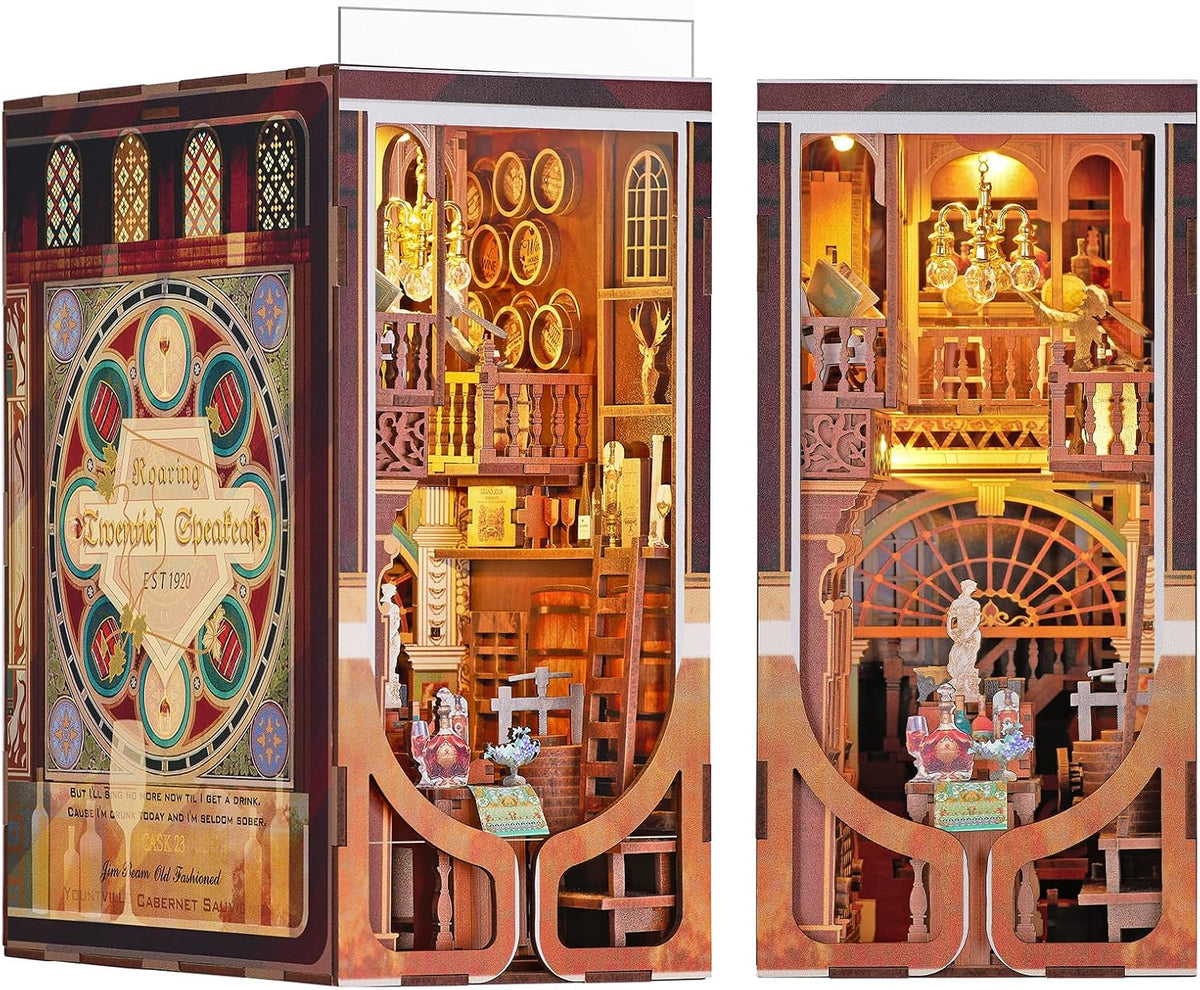 Lit fantasy castle book nook diorama standing between books on a shelf – view 8