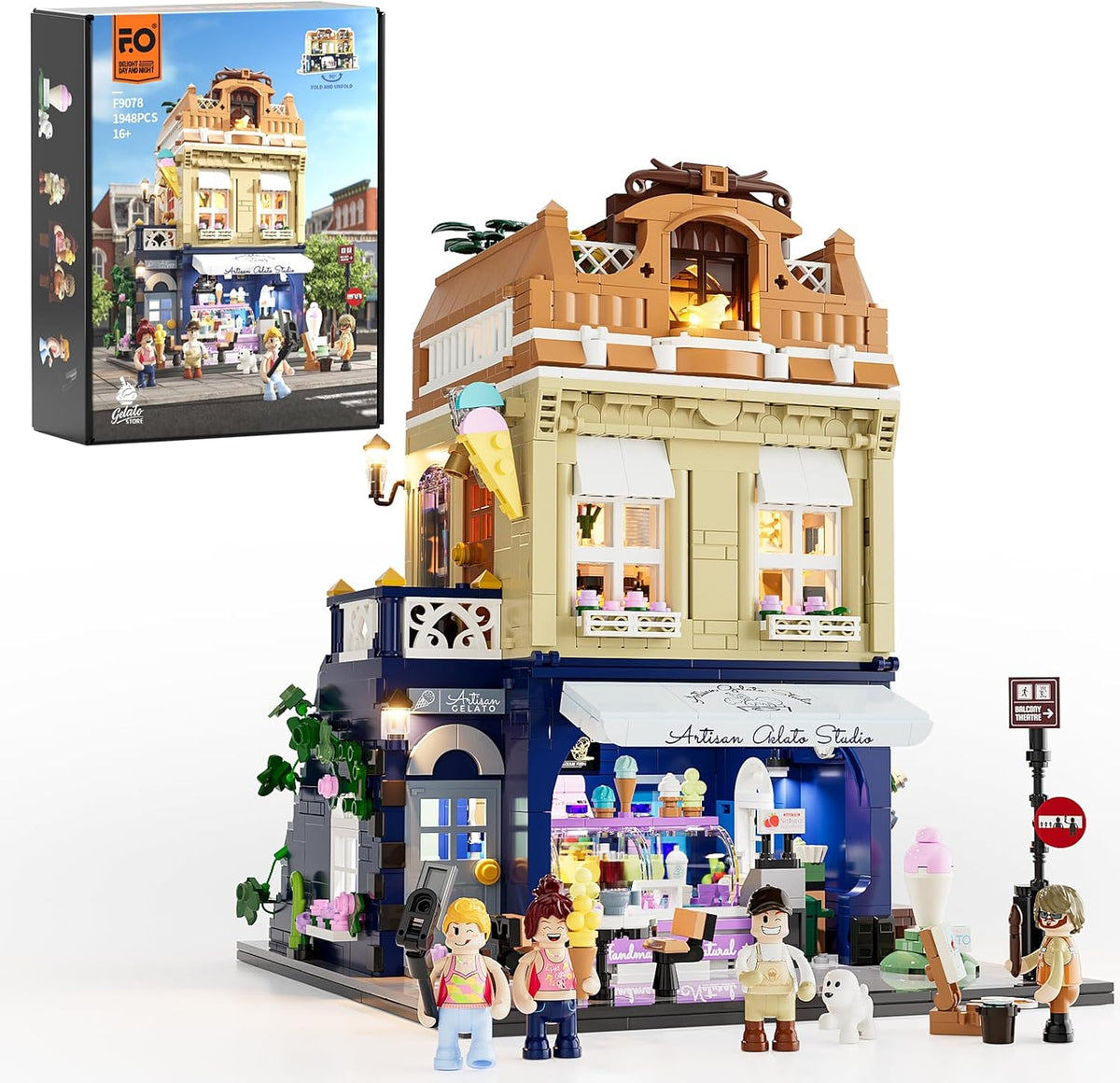 Lit gelato shop modular brick building with visible shop interior