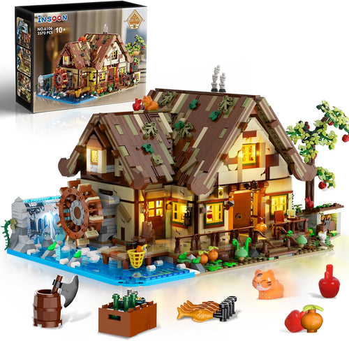 Brick-built wooden forest cabin with water wheel, rooftop cat and glowing LED windows