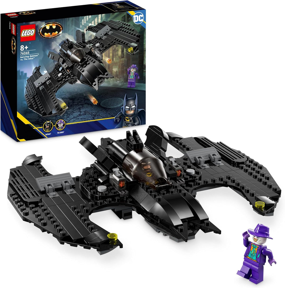 Built bat-shaped jet with caped hero and villain minifigures