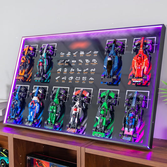 Black wall-mounted display board with RGB LED lighting holding ten small race car models
