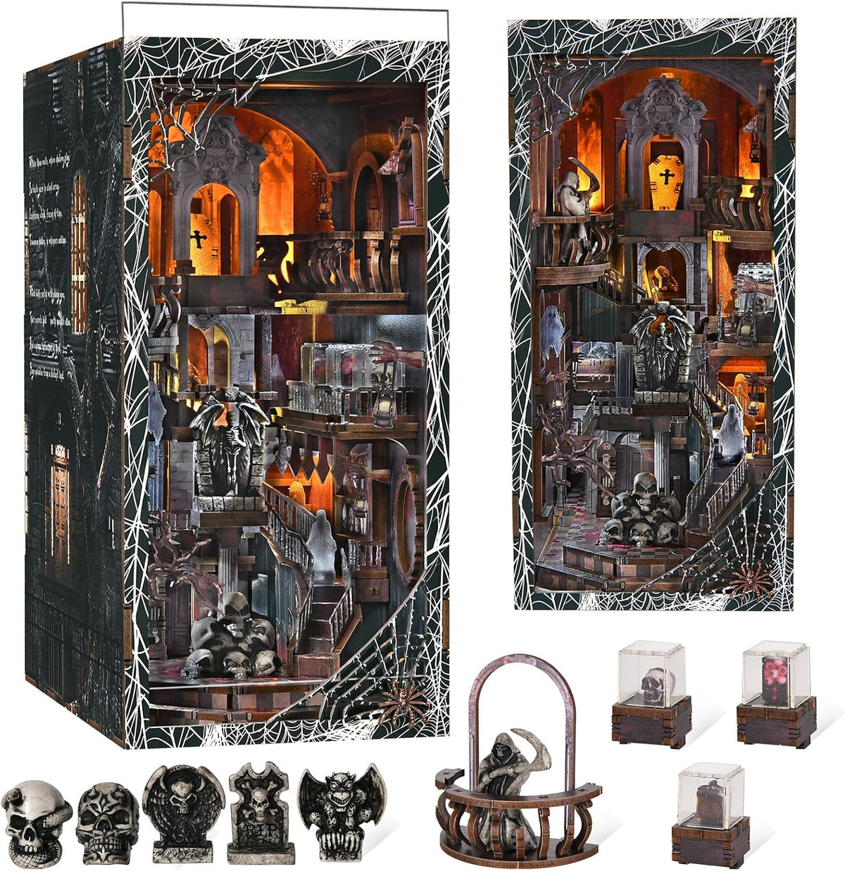 Lit fantasy castle book nook diorama standing between books on a shelf – view 4
