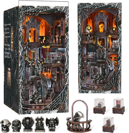 Lit fantasy castle book nook diorama standing between books on a shelf – view 4