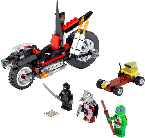 Dark brick dragon motorbike chasing a small hero on a motorized skateboard