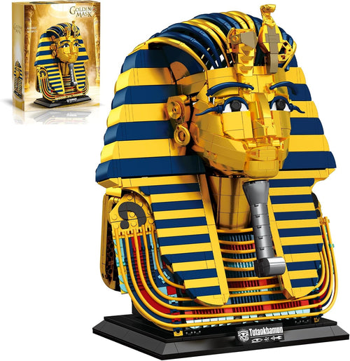 Brick-built golden Tutankhamun mask on a display stand