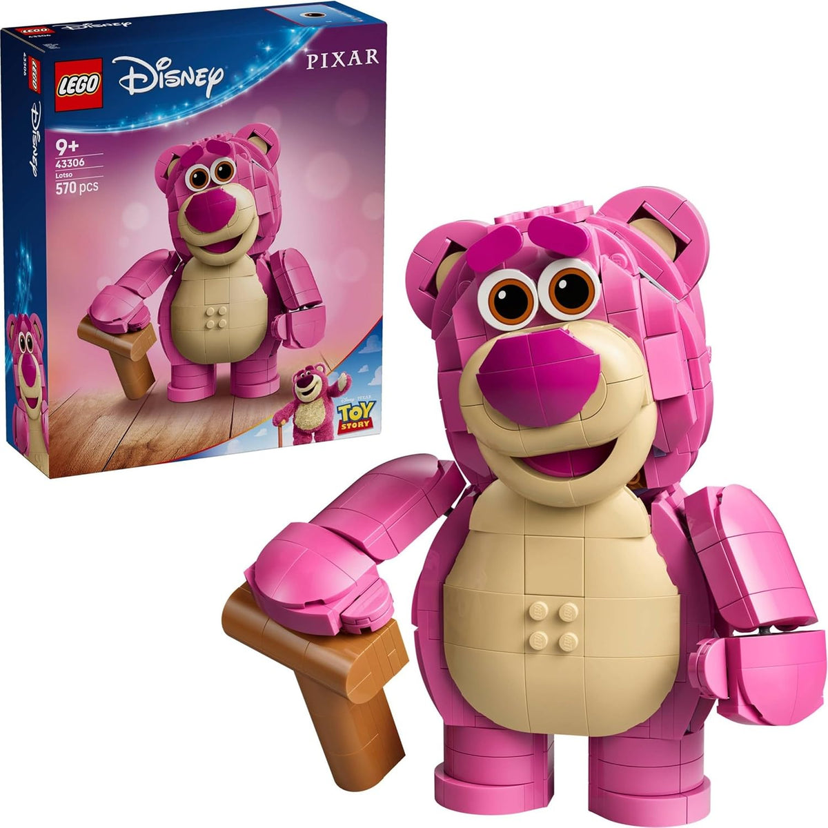 Brick-built posable pink teddy bear figure standing upright