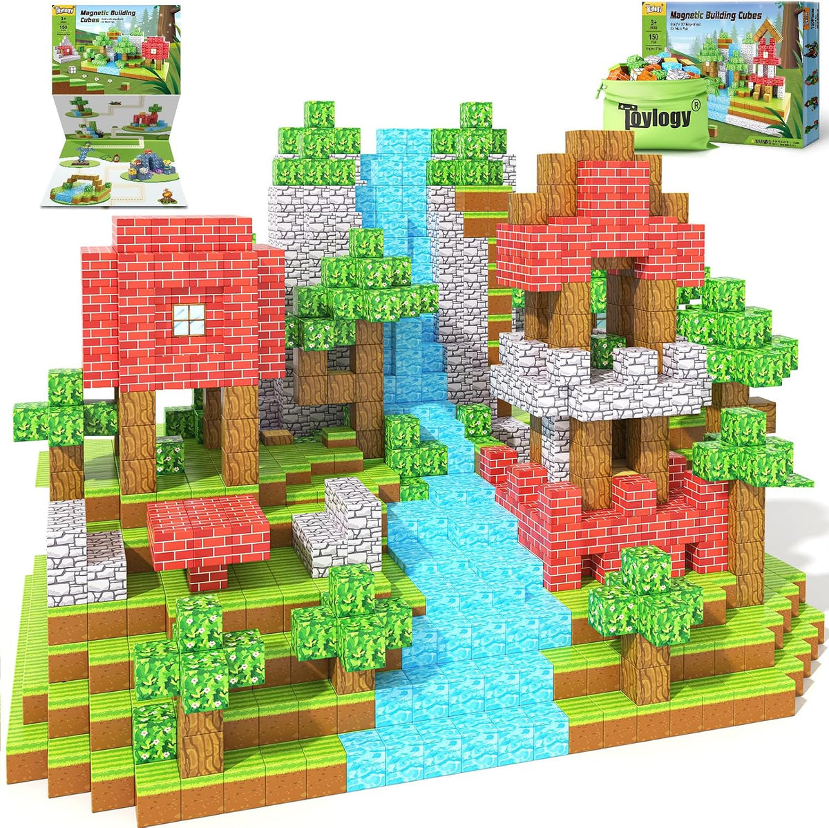 Green and brown 1-inch magnetic cubes built into a forest scene with dinosaur figures – view 4