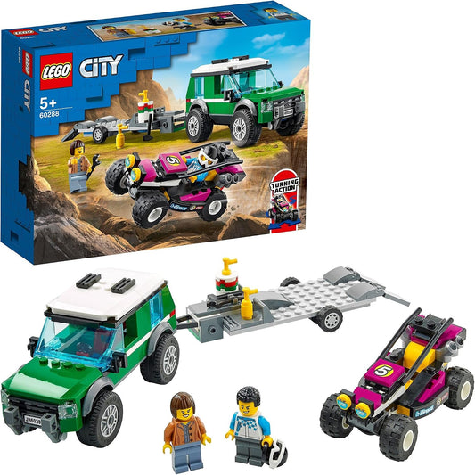 Brick truck with trailer carrying an off-road race buggy and two drivers