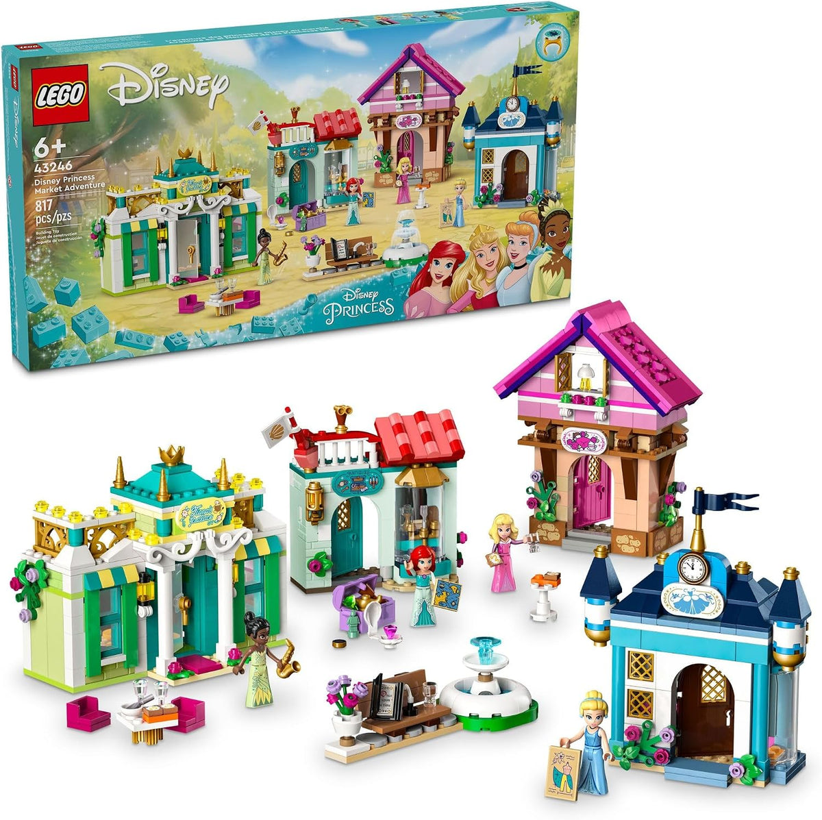 Brick-built colorful market village with four shops, a fountain and princess mini-dolls