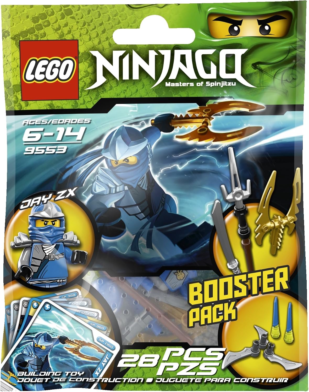 Blue ninja minifigure on a brick spinner with blades, shields and weapons around it
