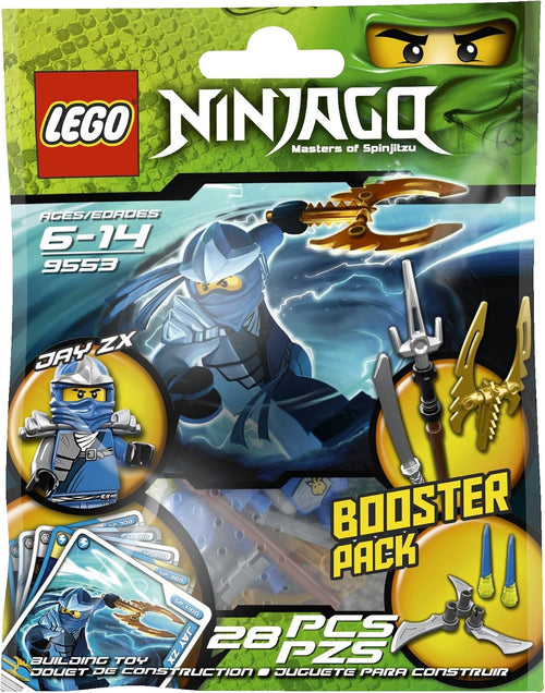 Blue ninja minifigure on a brick spinner with blades, shields and weapons around it