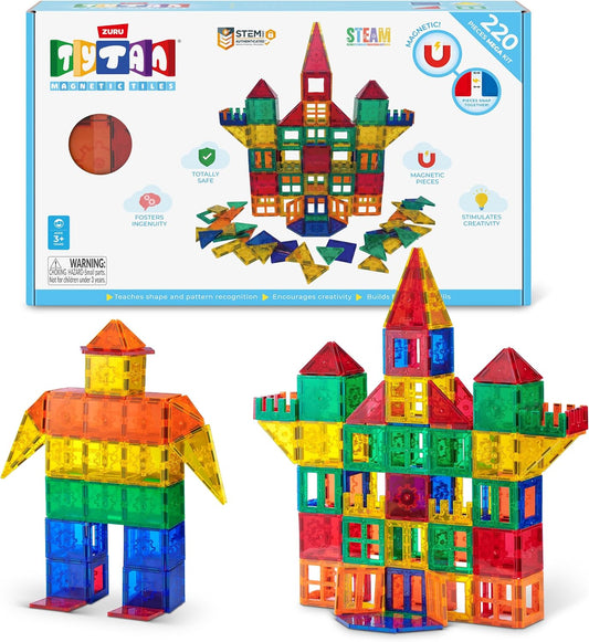 Colorful magnetic tiles built into 3D towers and shapes