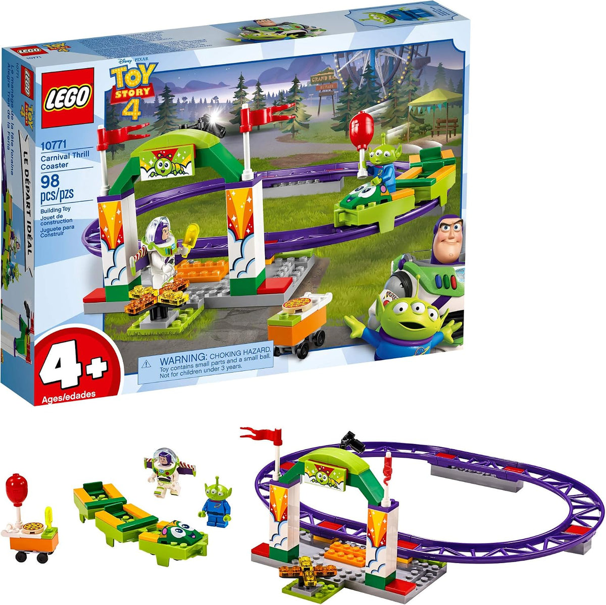 Colorful brick-built carnival roller coaster with a space ranger figure in the car