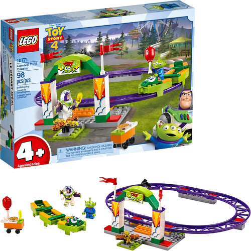 Colorful brick-built carnival roller coaster with a space ranger figure in the car