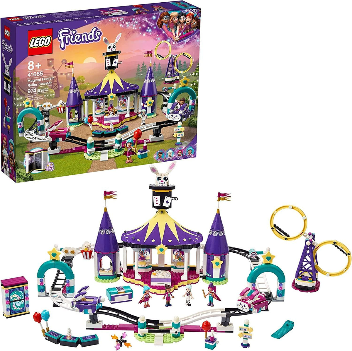 Brick funfair with rabbit-car roller coaster, striped big top tent and mini-doll figures