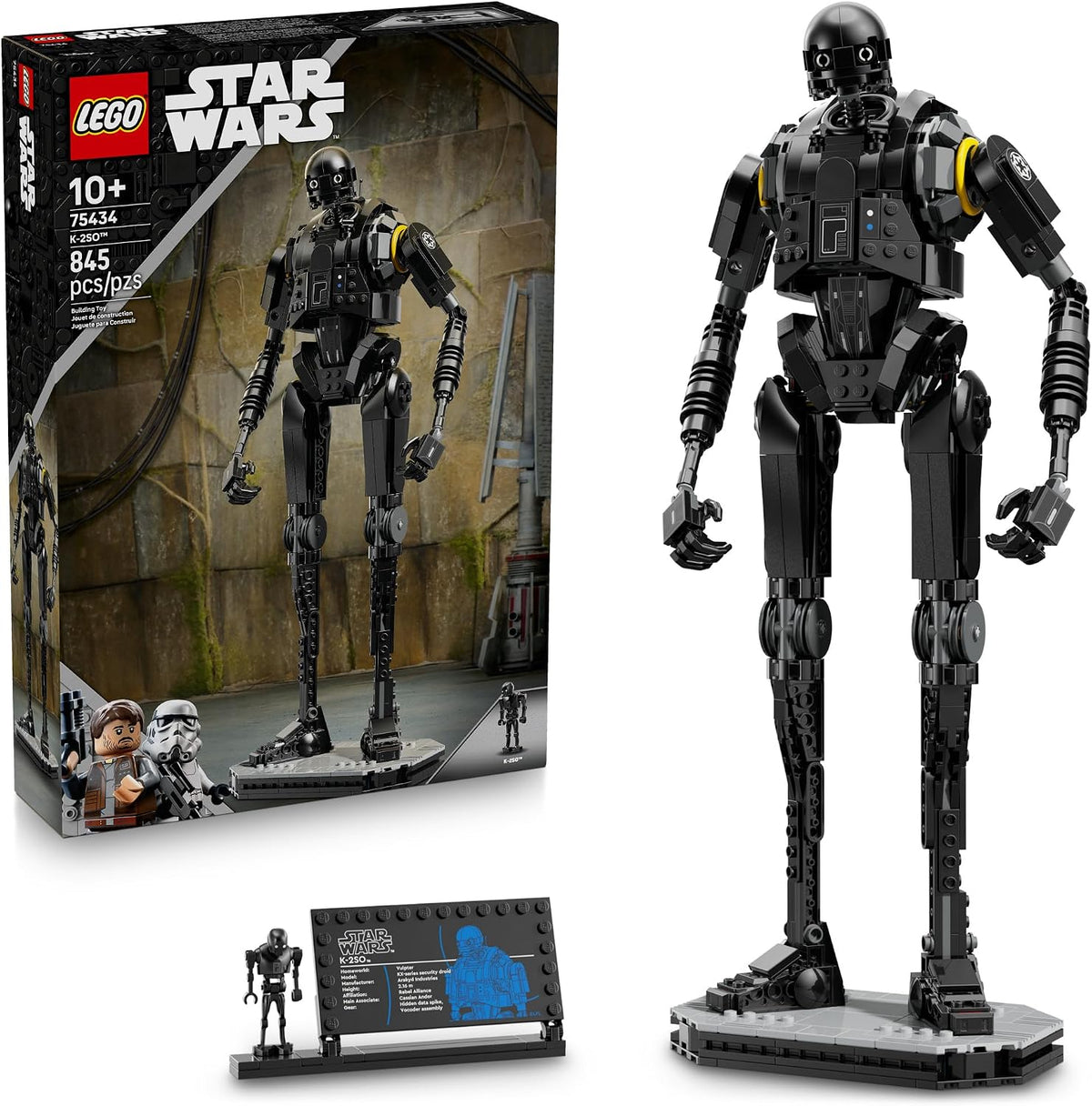 Tall black brick-built security droid posed on a display stand with plaque