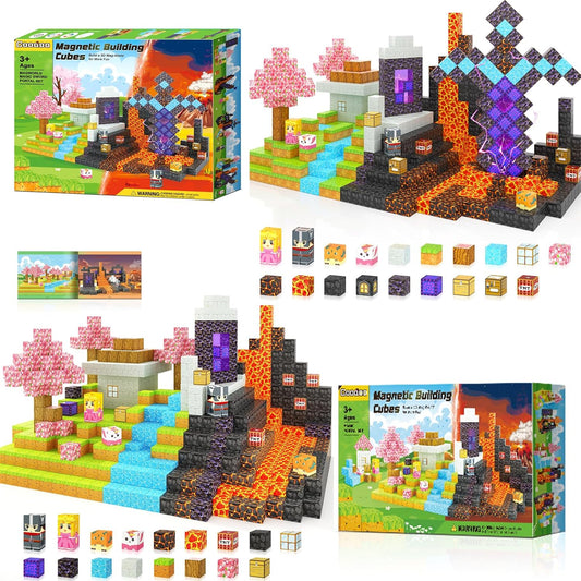Magnetic block world with cherry blossom trees, lava river and portal