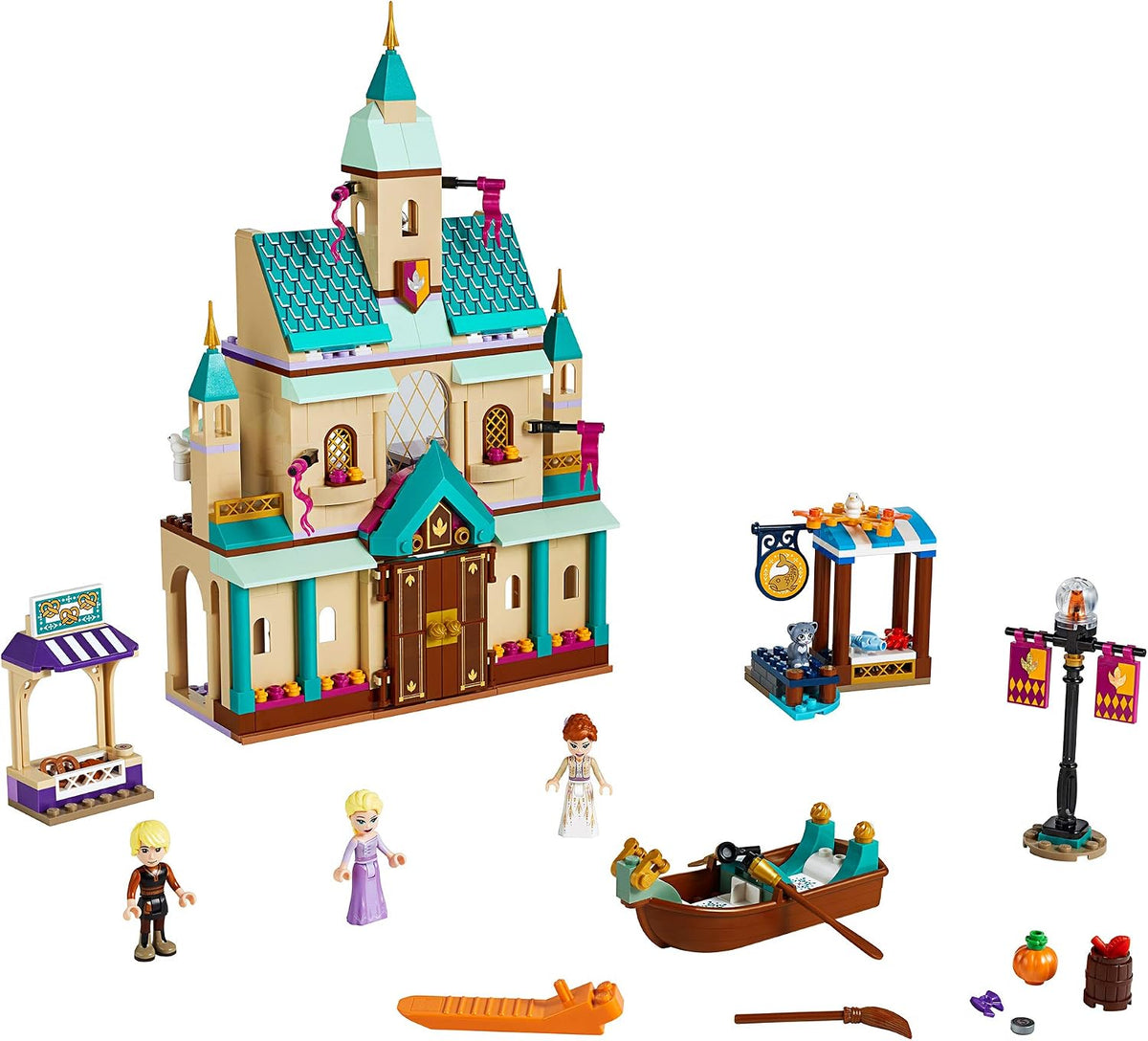 Brick-built three-story pastel castle with mini-doll figures and furniture