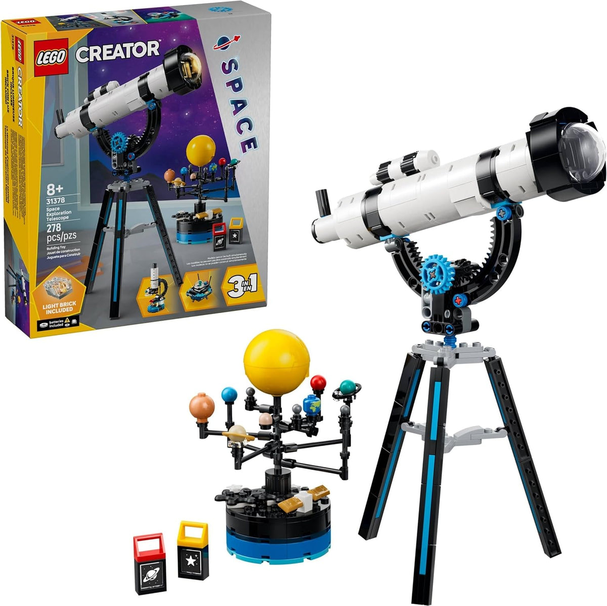 Brick-built telescope on tripod with small solar system model and light projector