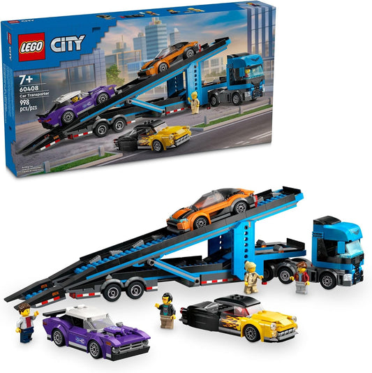 Brick-built car transporter truck carrying three colorful sports cars on two decks