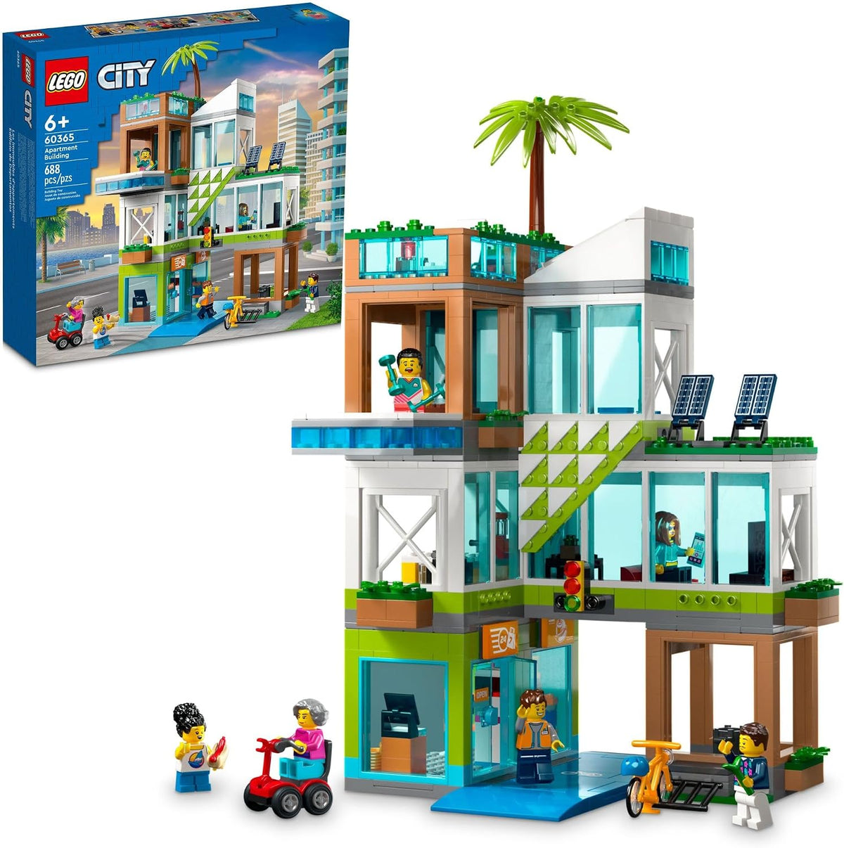 Brick-built three-level apartment building with open rooms, store front and rooftop